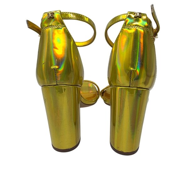 Holographic Sam Edelman Yaro Gold Ankle Strap Block Heel Sandals Womens US 7.5M - Picture 4 of 6